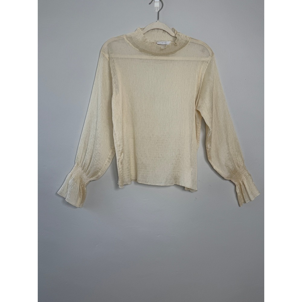 Oak + Fort Blouse Women S Cream Minimalist Plisse Sheer Mock Neck Fairy Grunge